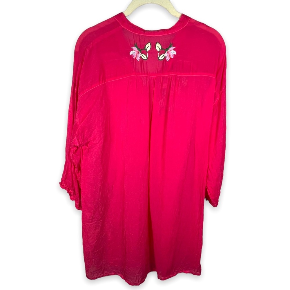 JOHNNY WAS Pink Embroidered Floral Boho Tunic Top Button Up Size Medium - Picture 5 of 12